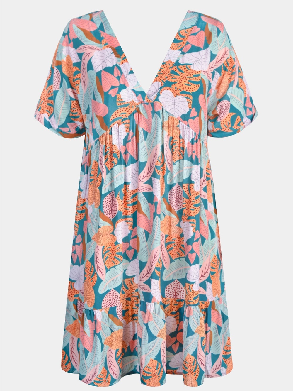 Cupshe Teal Tropical Leaf V-Neck Short Sleeve Dress